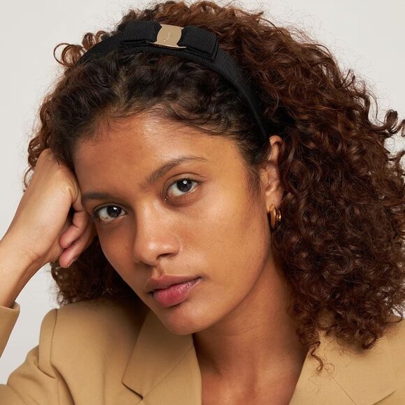 Ferragamo Vara Black Grosgrain Headband with Bow and Logo Hardware - Picture 2 of 9